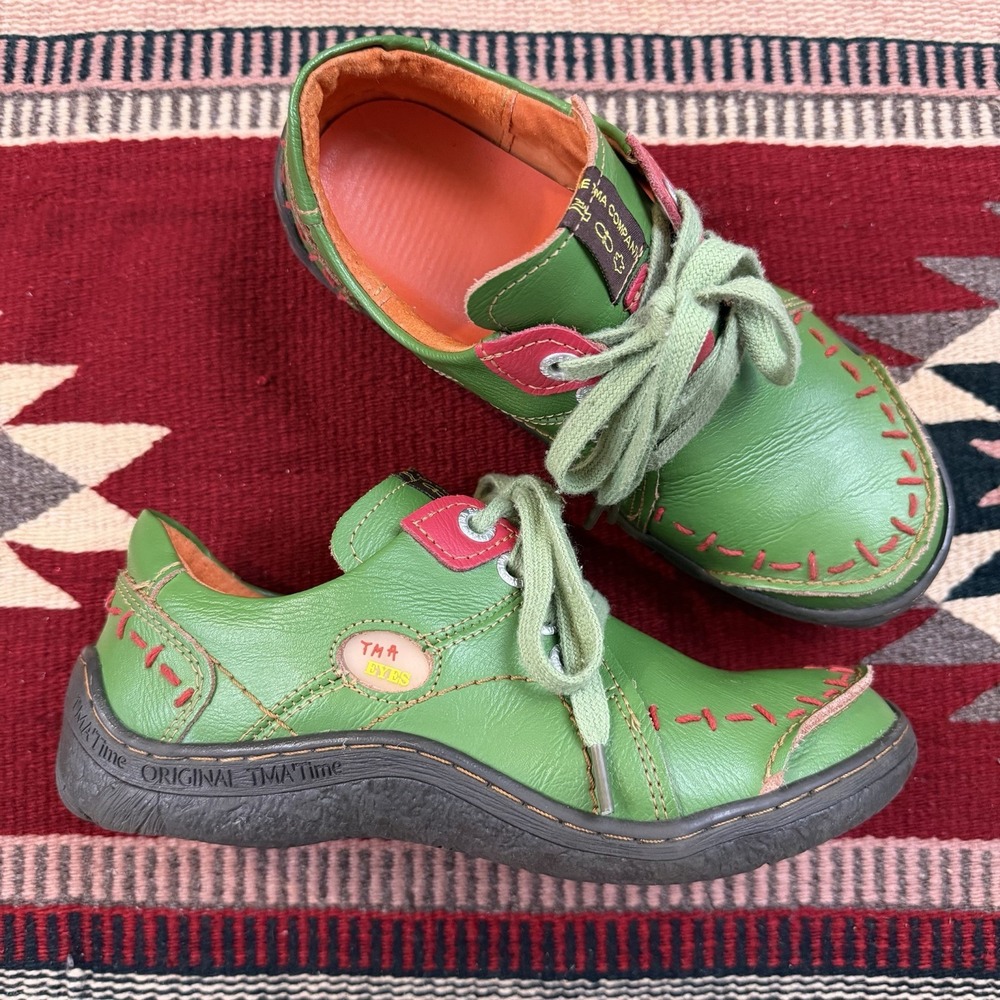 TMA Eyes Leather Hand Stitched Patchwork Shoes Sz 7.5 Green Orange Lace-Up Funky